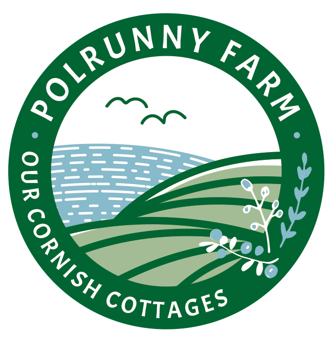 Polrunny Farm logo depicting fields sloping down to the sea with berries in the foreground and birds flying overhead